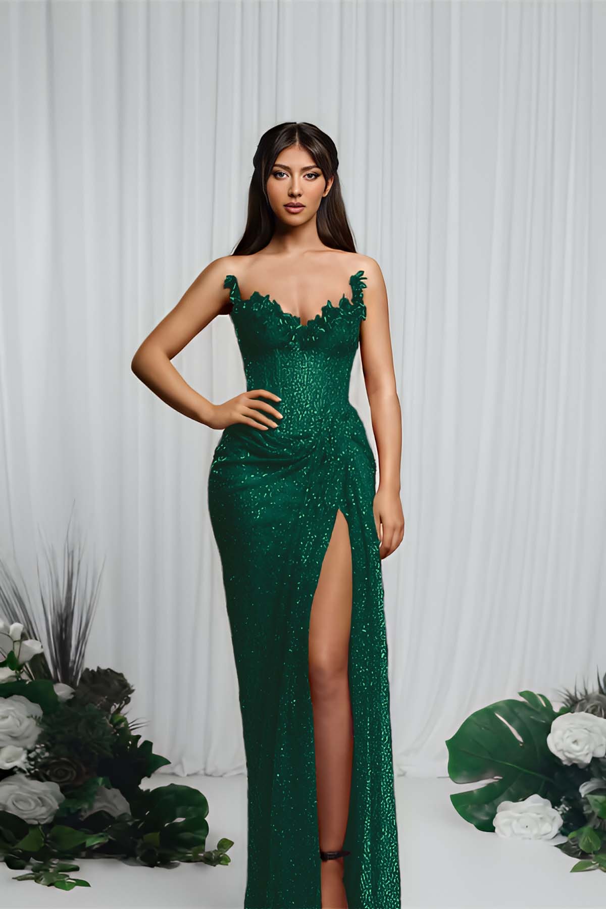 Hidais Strapless Sleeveless Mermaid Prom Dress With High Split Pleated