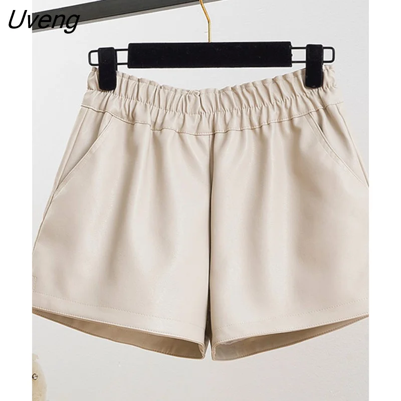 Uveng Women PU Leather Shorts Sexy Fashion Elastic High Waist Side-slit Ladies Chic Wide Leg Casual Loose Simple All-match Popular Ins