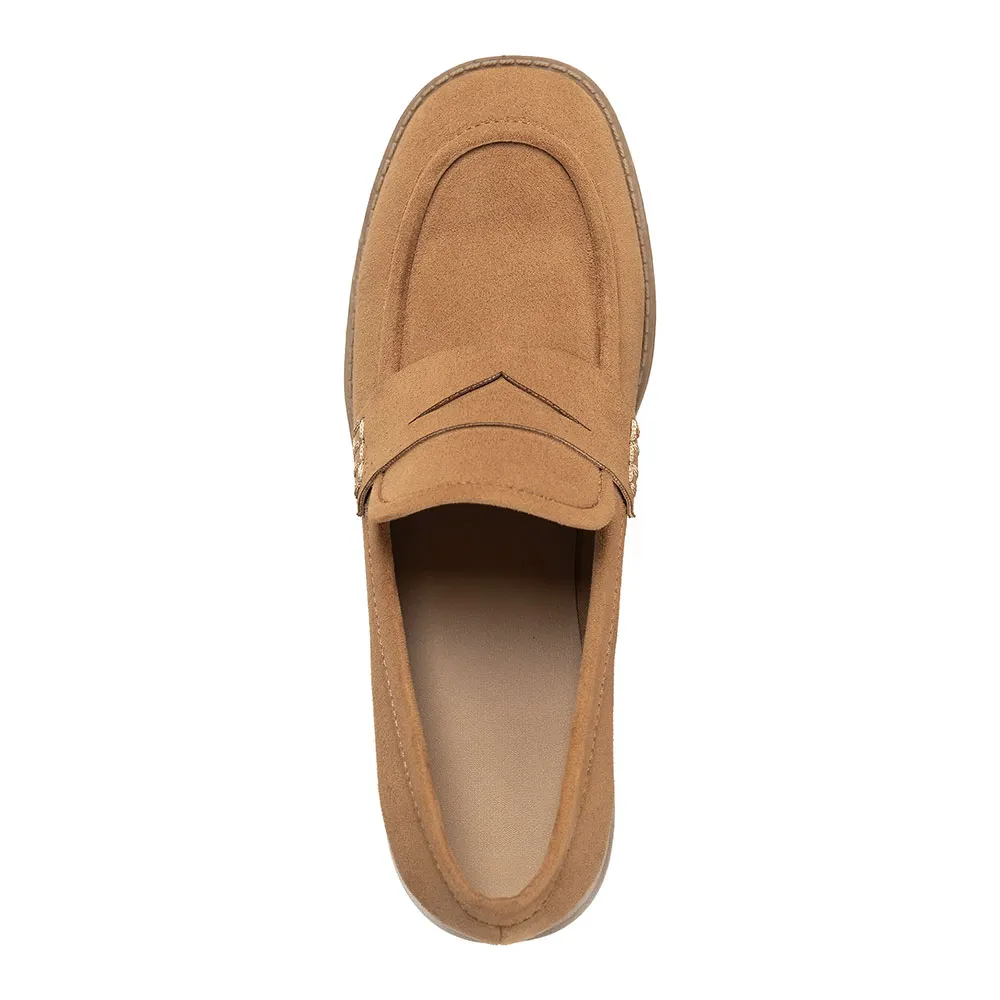 Tan Round Toe Slip On Block Heel Faux Suede Loafers Women