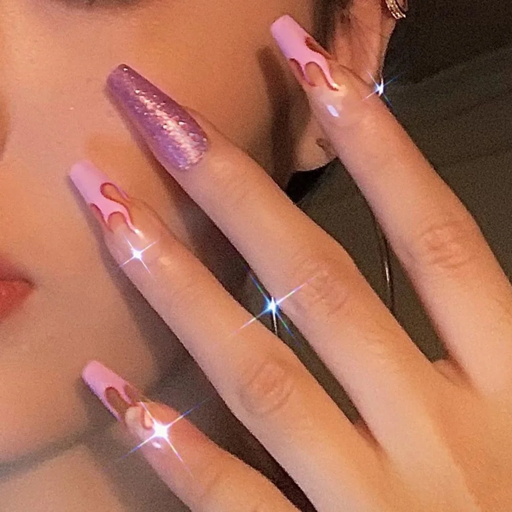 24pcs/Box Press on Nails Pink Flame Long Coffin False Nails Wearable Ballerina Fake Nails Full Cover Nail Tips Detachable-Nail Inspo