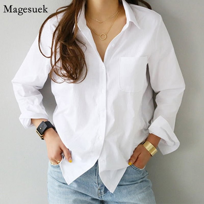 New Long Sleeve Ladies Tops Blouses Oversized Button Casual Cotton White Shirt Women Turn-down Collar Loose Blouse Women 3496