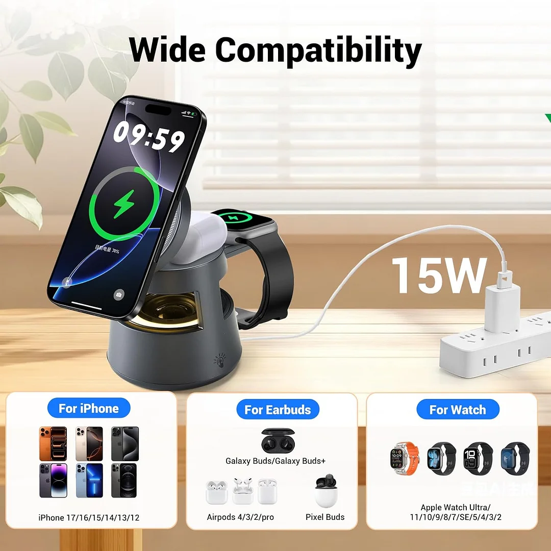 5-in-1 Wireless Charging Station with Bluetooth Speaker, Magnetic Fast Charger, and Night Light