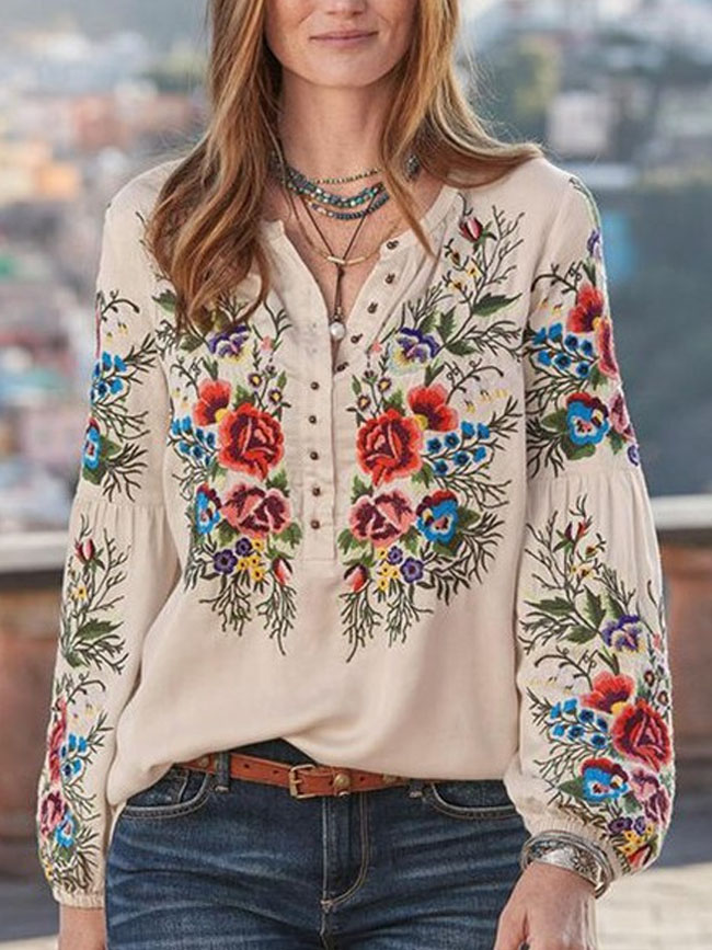 Bohemian Spring Shirts Casual Long Sleeve Floral Tops