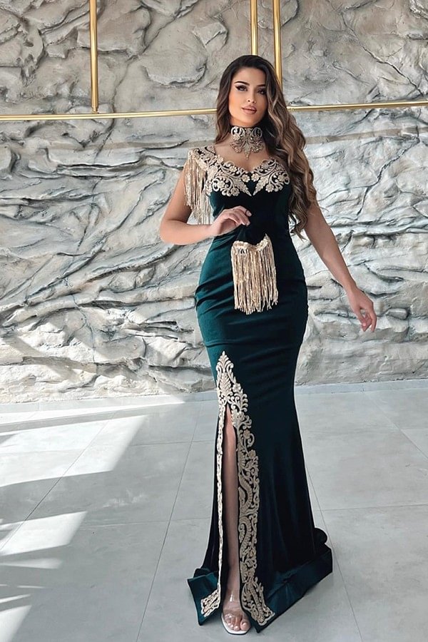Dunkelgrünes ärmelloses Meerjungfrau Abendkleid mit V-Ausschnitt und abnehmbarem Rock PD0796 Lunass