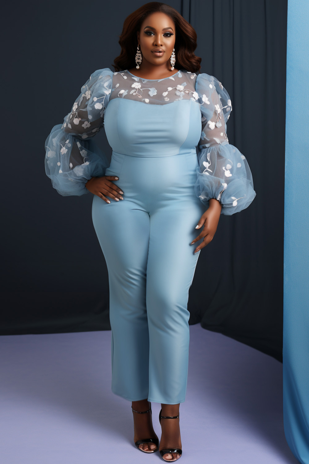 Design Plus Size Semi Formal Elegant Light Blue Round Neck Lantern Sleeve Long Sleeve Jacquard Chiffon Jumpsuits [Pre-Order]