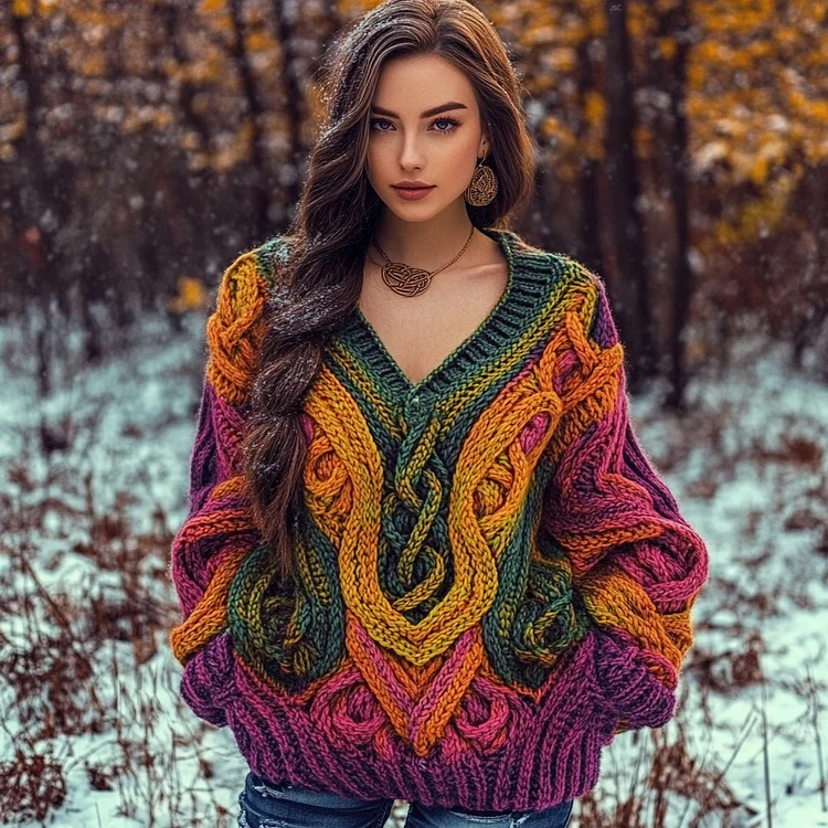 Vintage Celtic Knot Rainbow Irish V-neck Aran Sweater