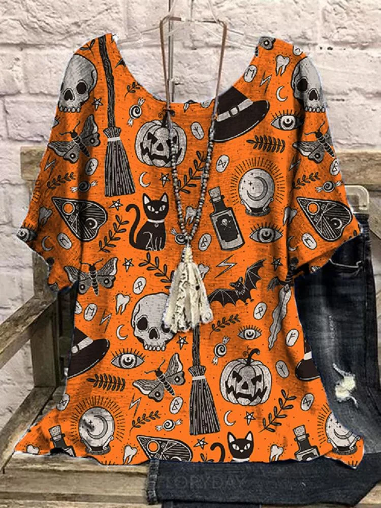 Halloween Element Pumpkin Cat Butterfly Bat Skull Printed Round Neck T-Shirt