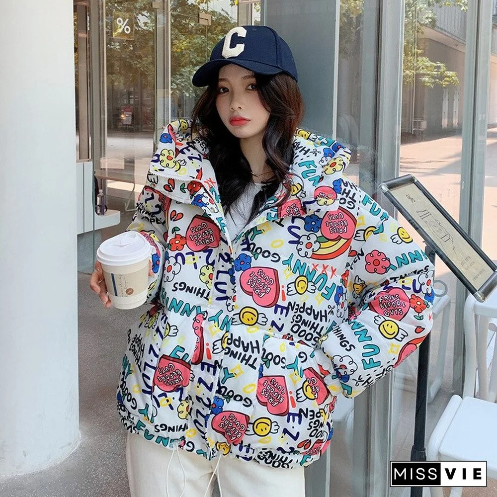 Winter Oversize Cartoon Print Padded Coats Women Korean Fashion Short Hooded Parka Female Casual Warm Down Jacket Harajuku