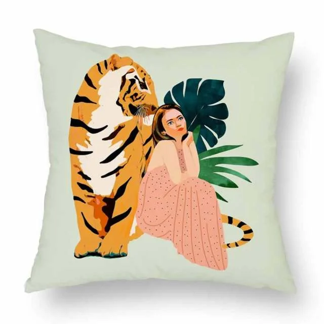Linen Pillow Case - Girl and Tiger Lady Portrait