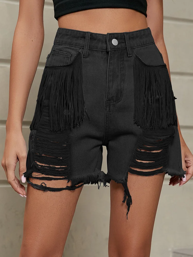 Fashion Light Washed Ripped Tassel Denim Pocket Straight Shorts