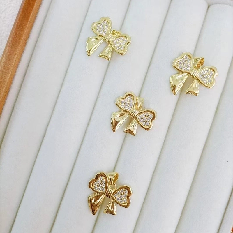 1 Pc/Package Copper Zircon 18K Gold Plated Simple Solid Color Bow Knot Polished Pendant Jewelry Accessories