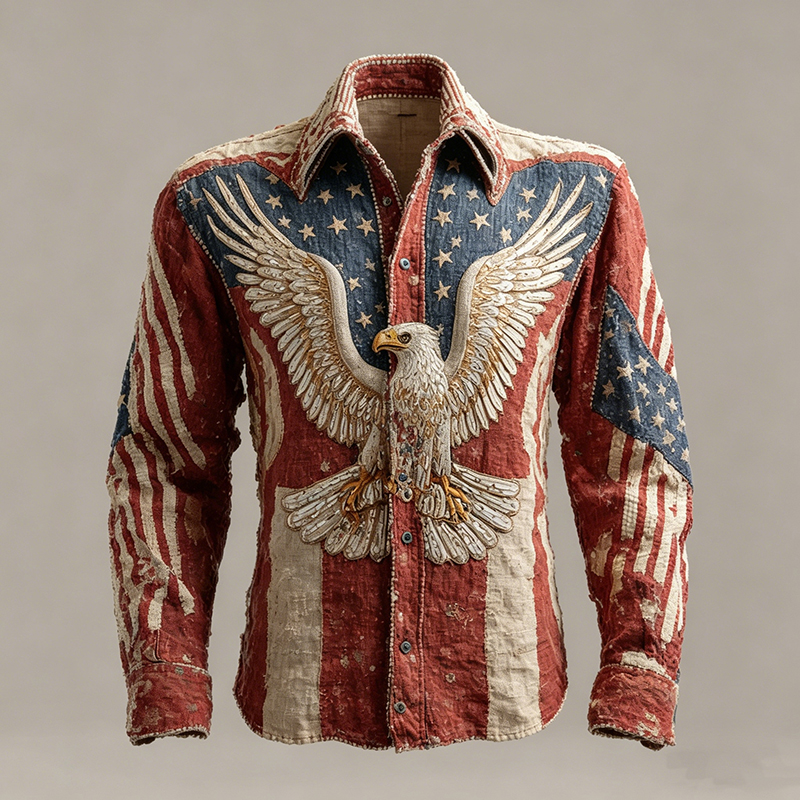  Men's Independence Day & Eagle Pattern Linen-blend Long-sleeve Shirt Westsshops