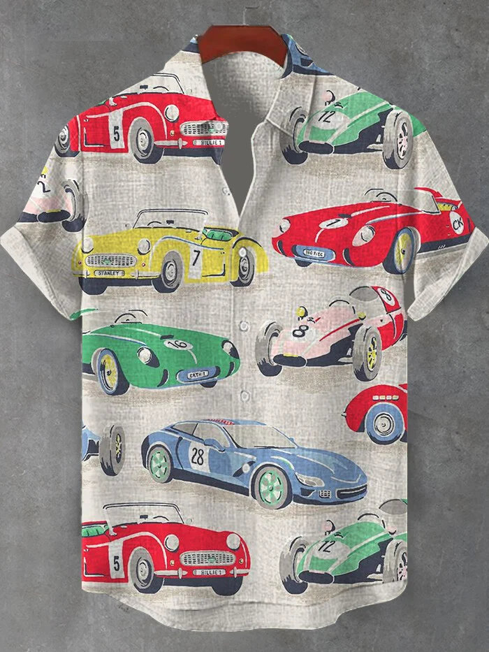 Men's Retro Vacation Cars Print Short Sleeve Shirt