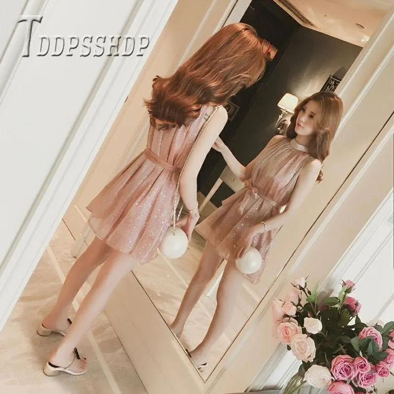 2019 Summer Shiny Women Dress Korean Sleeveless Female Dresses