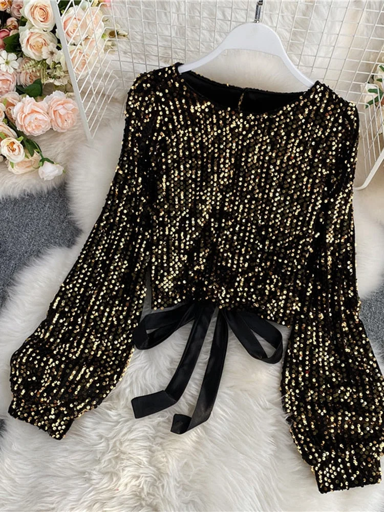 O-Neck Shirts Long-sleeved Open Back Lace-up Bow Short Tops Female