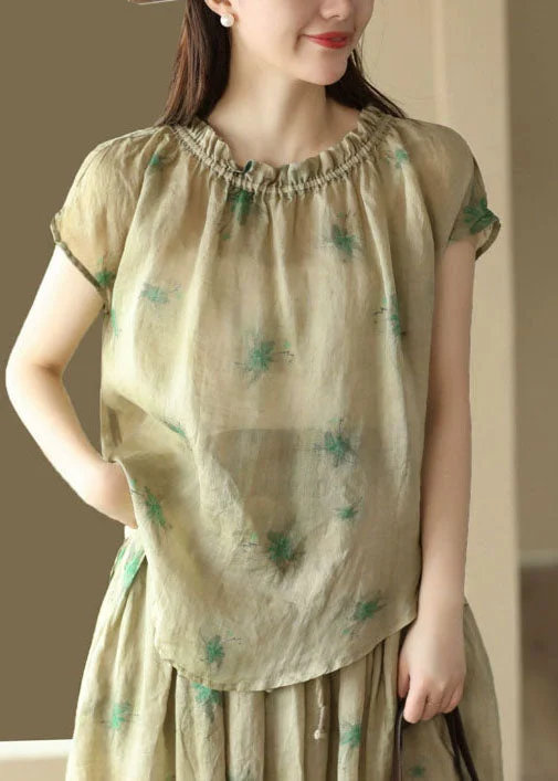 Green Print Patchwork Linen T Shirt Top Ruffled Short Sleeve