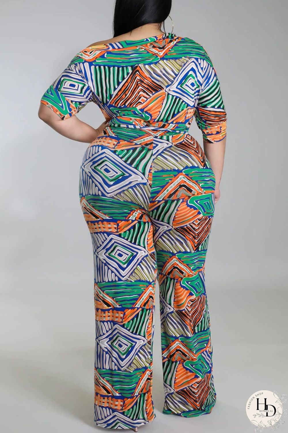 Black And White Fashion Casual Print Basic Oblique Collar Plus Size Jumpsuits