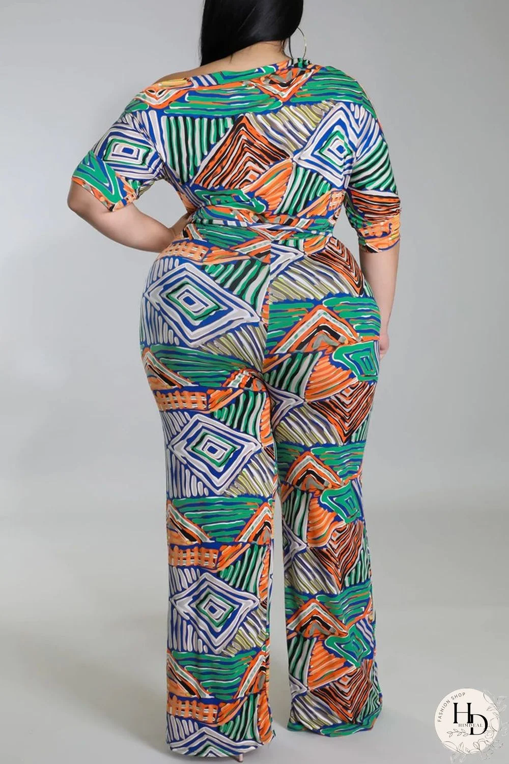 Black And White Fashion Casual Print Basic Oblique Collar Plus Size Jumpsuits