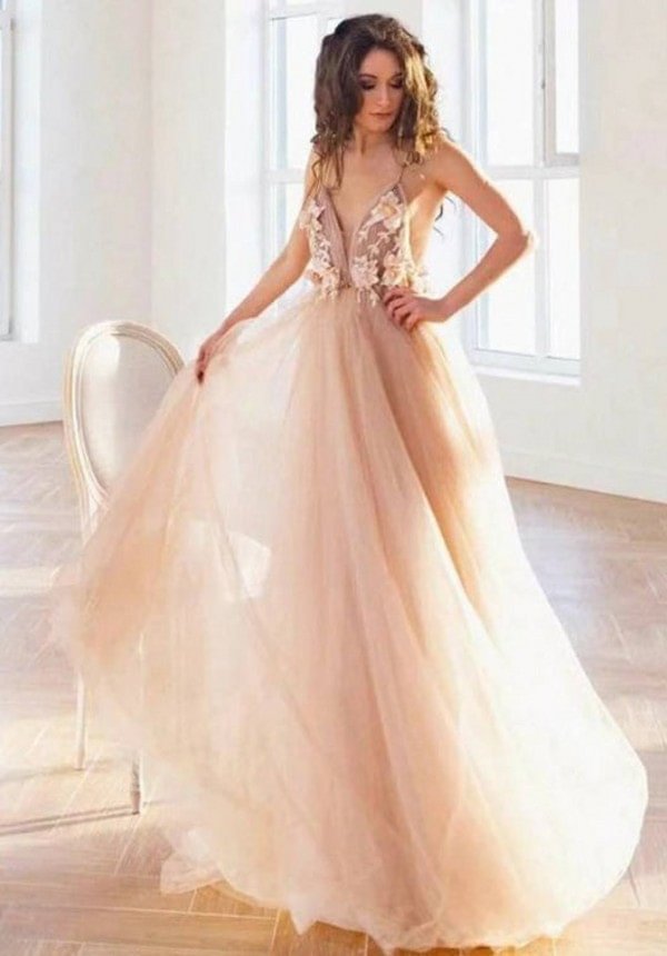 Beautiful A-line V-neck Backless Long Wedding Dress With Tulle Floral | Ballbellas Ballbellas