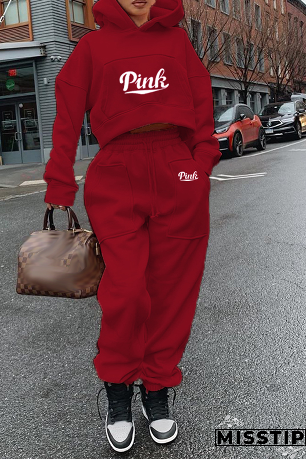 Burgundy Fashion Print Patchwork Hooded Collar Long Sleeve Two Pieces