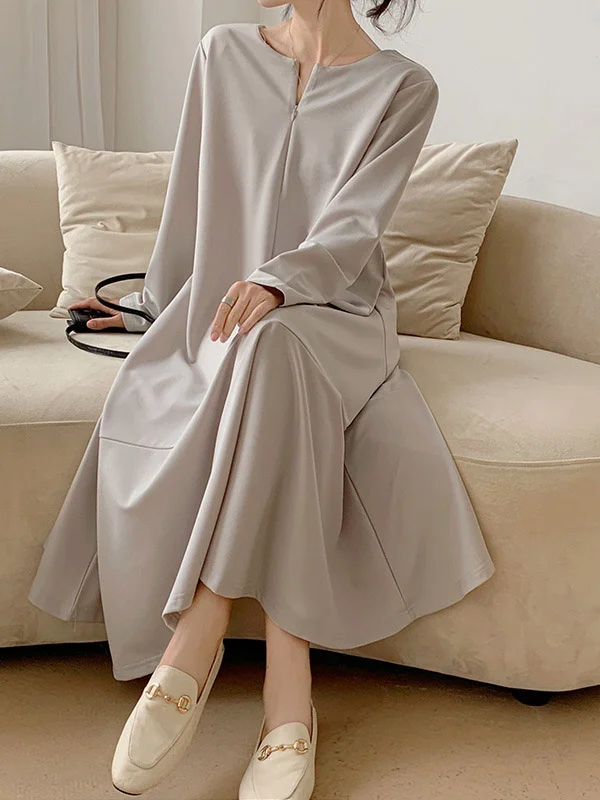 Solid Color Hollow Loose Long Sleeves V-Neck Midi Dresses