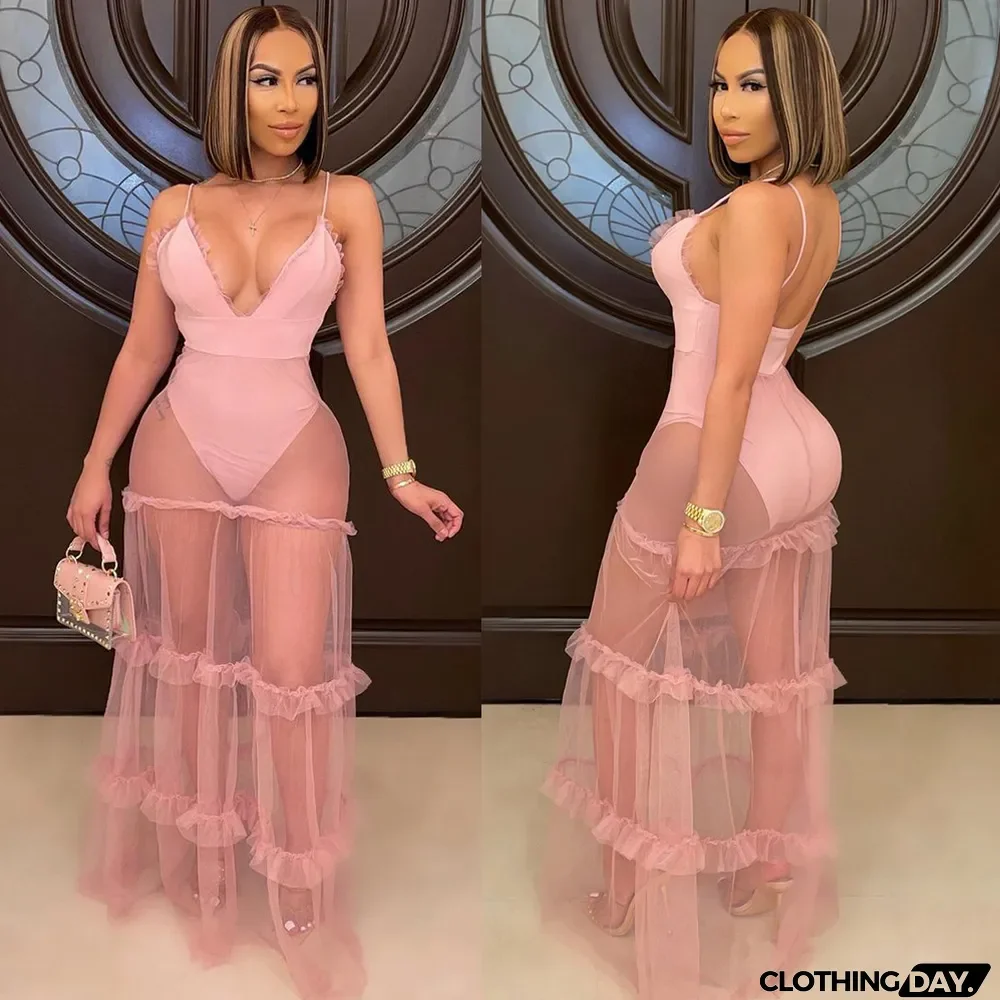 V-neck Solid Color Suspender Dress With Mesh Stitching Wood Ears