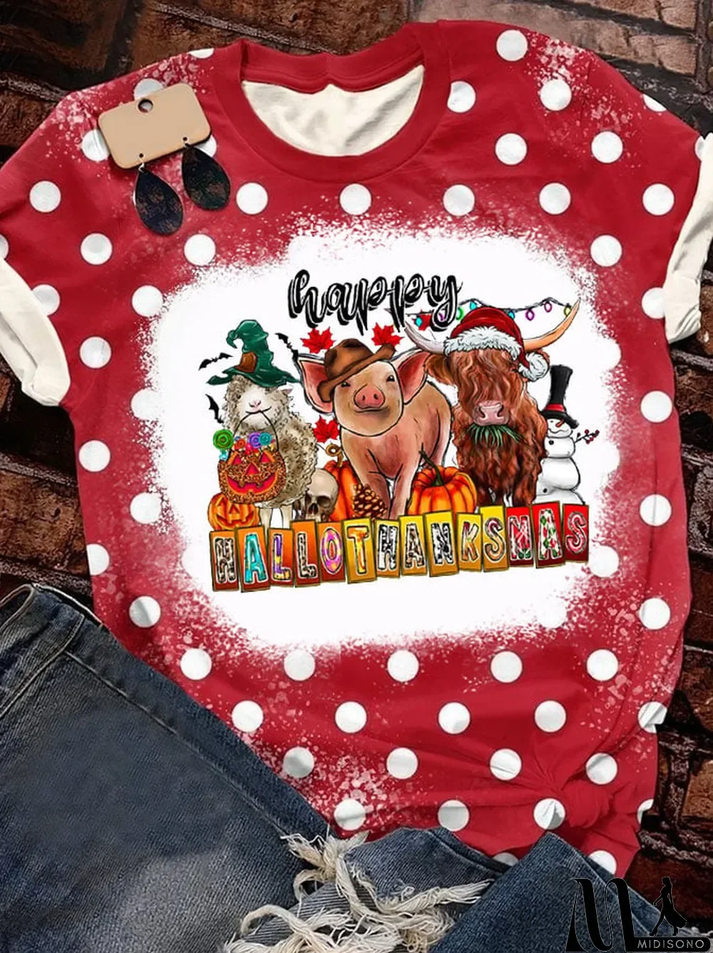 MidiSono - Women's Happy Hallothanksmas Farm Animal Print Casual T-Shirt