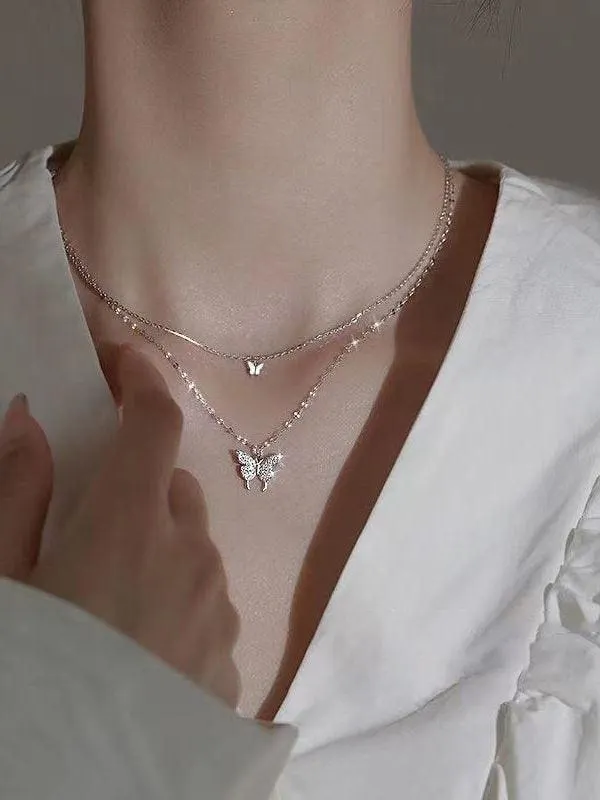 Brownm Rhinestone Butterfly Pendant Double Layered Necklace