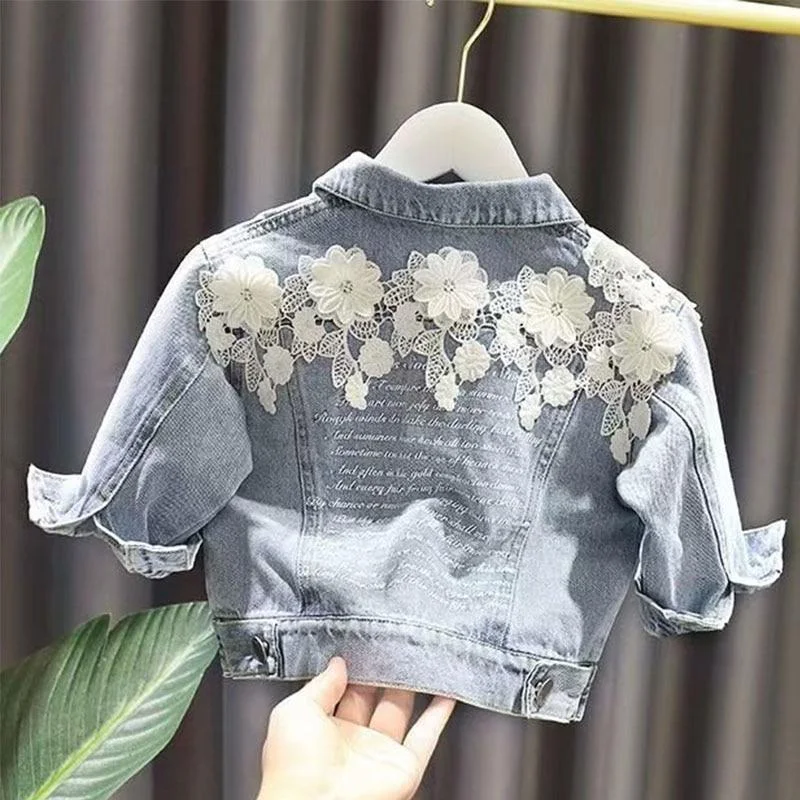 1-3 Year New Children's Denim Jackets Girl flower Jean Embroidery Jackets Girls Kids clothing baby Lace coat Casual outerwear