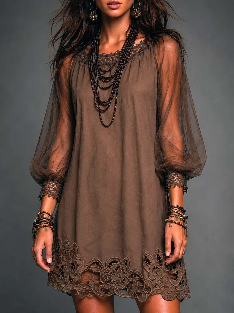 Boho Boat Neck Puff Mesh Sleeve Floral Cutwork Lace Hem Shift Mini Dress