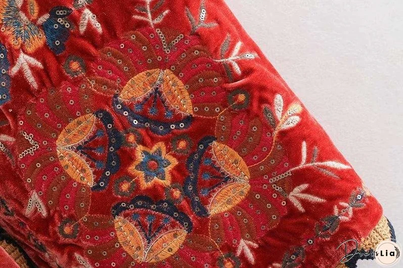 Boho Autumn Orang Floral Embroidery Sleeveless Outerwear Jacket