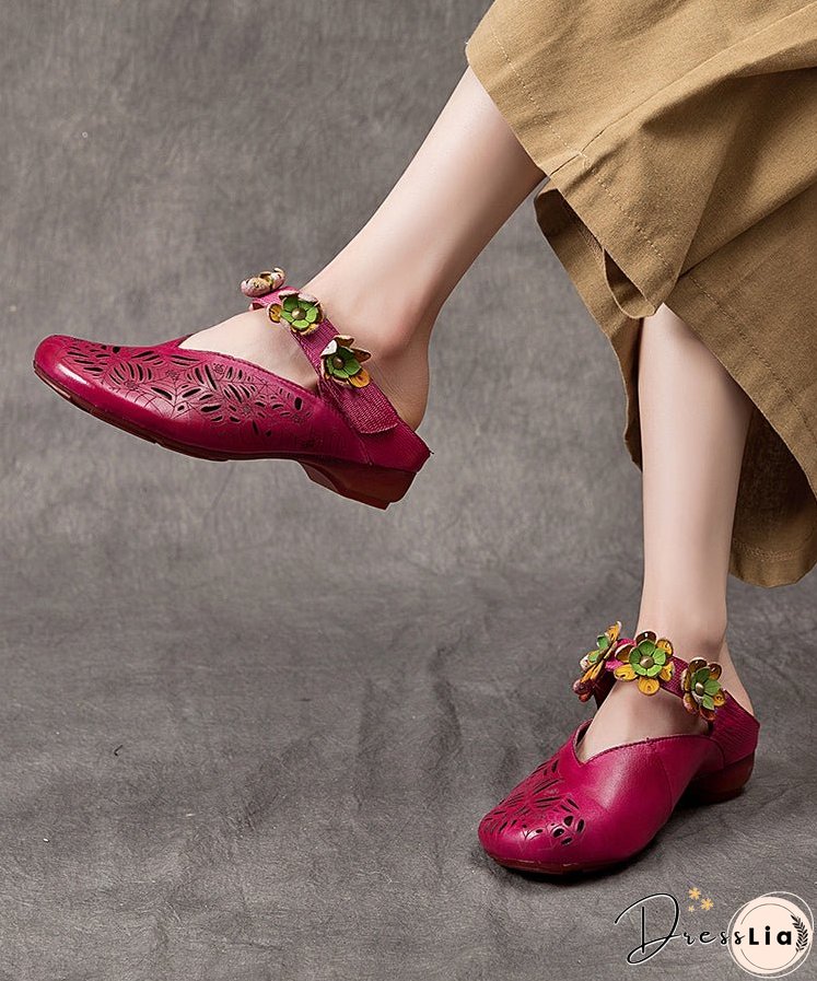 Vintage Purple Hollow Out Floral Cowhide Leather Slide Sandals