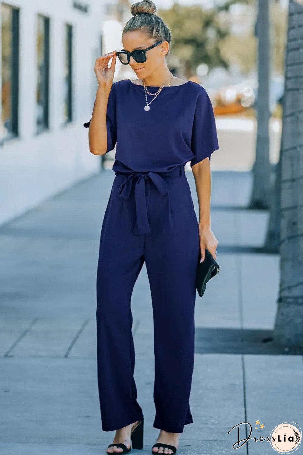 Blue Belted Wide Leg Jumpsuit