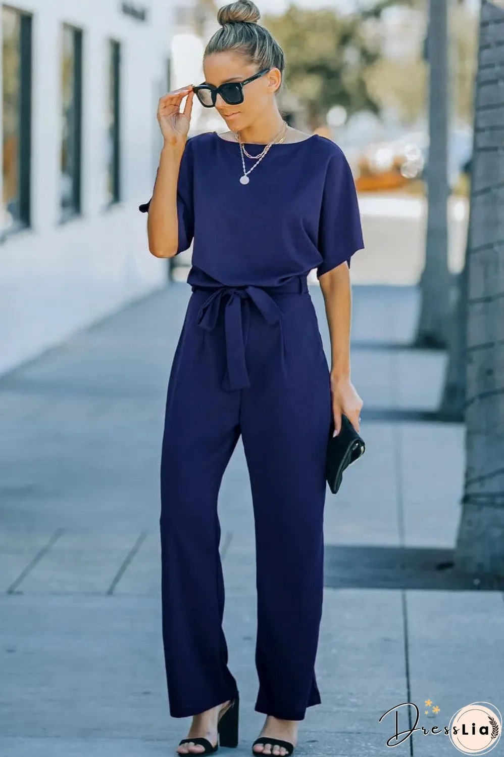 Blue Belted Wide Leg Jumpsuit