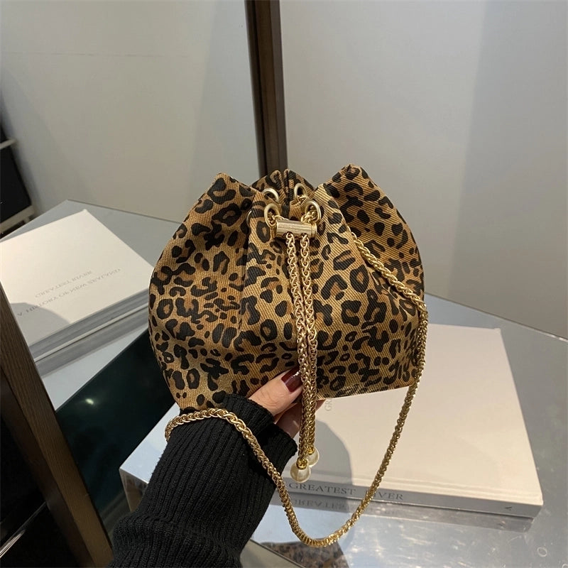 Women’s Cloth Leopard Basic Vintage Style Bucket String Shoulder Bag Crossbody Bag