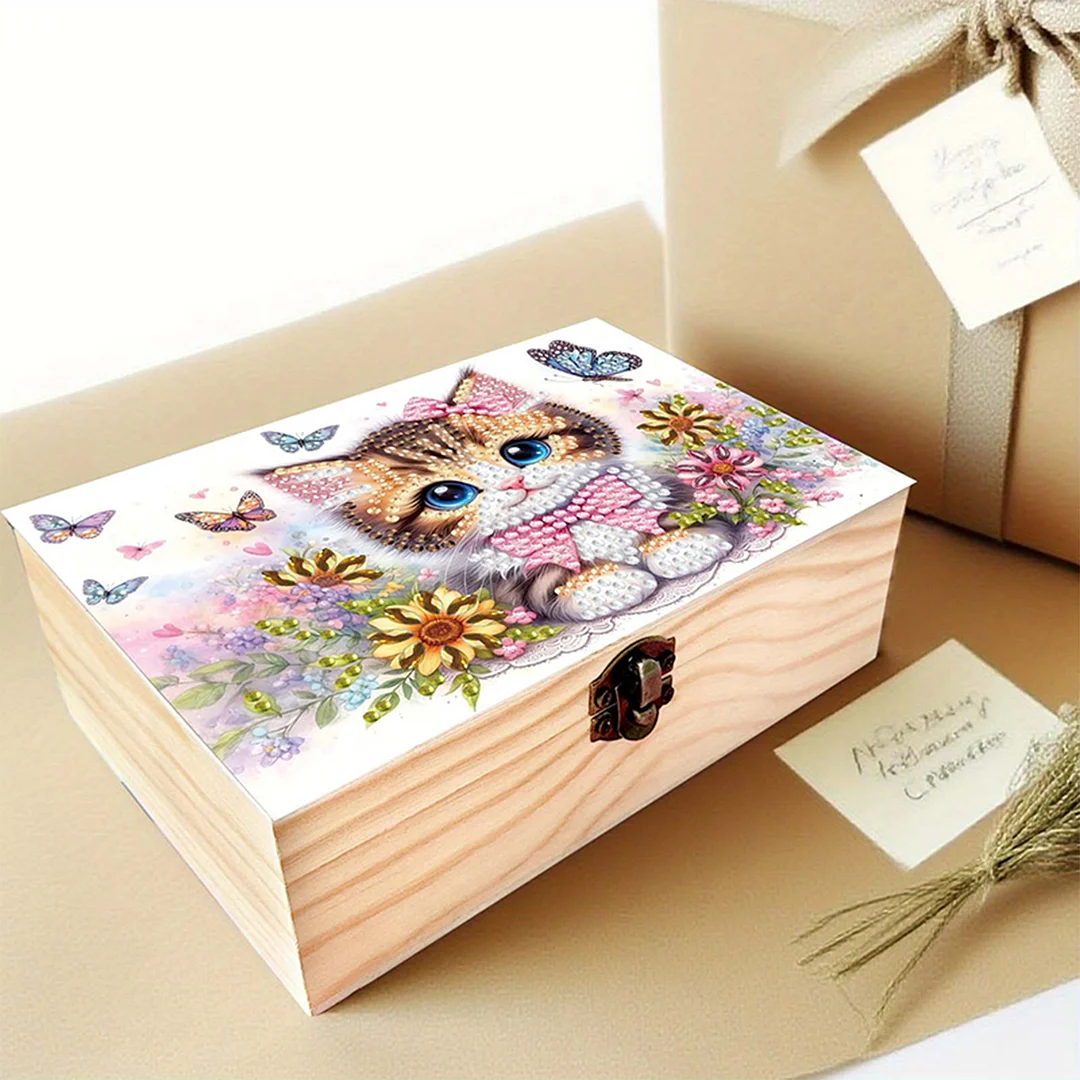 5D DIY Diamond Painting Handmade Wood Storage Box for Home Decor Craft (Cat)