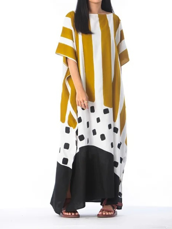 Loose Short Sleeve Print Patchwork Cotton Silk Maxi Dress
