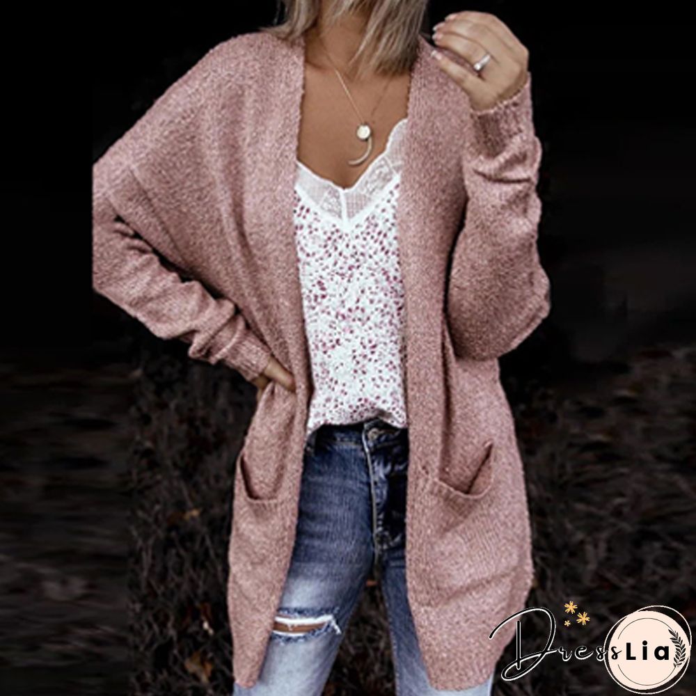 Casual Solid Color Pocket Cardigan Sweater Women Autumn Fashion Long Sleeve Slim Knit Jacket Ladies Commuter Retro Coat New