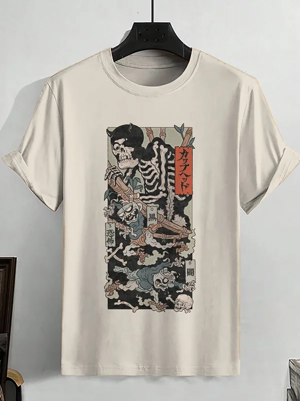 Men's Horror Skeleton Zombie Illustration Japanese Print Cotton Casual T-Shirt
