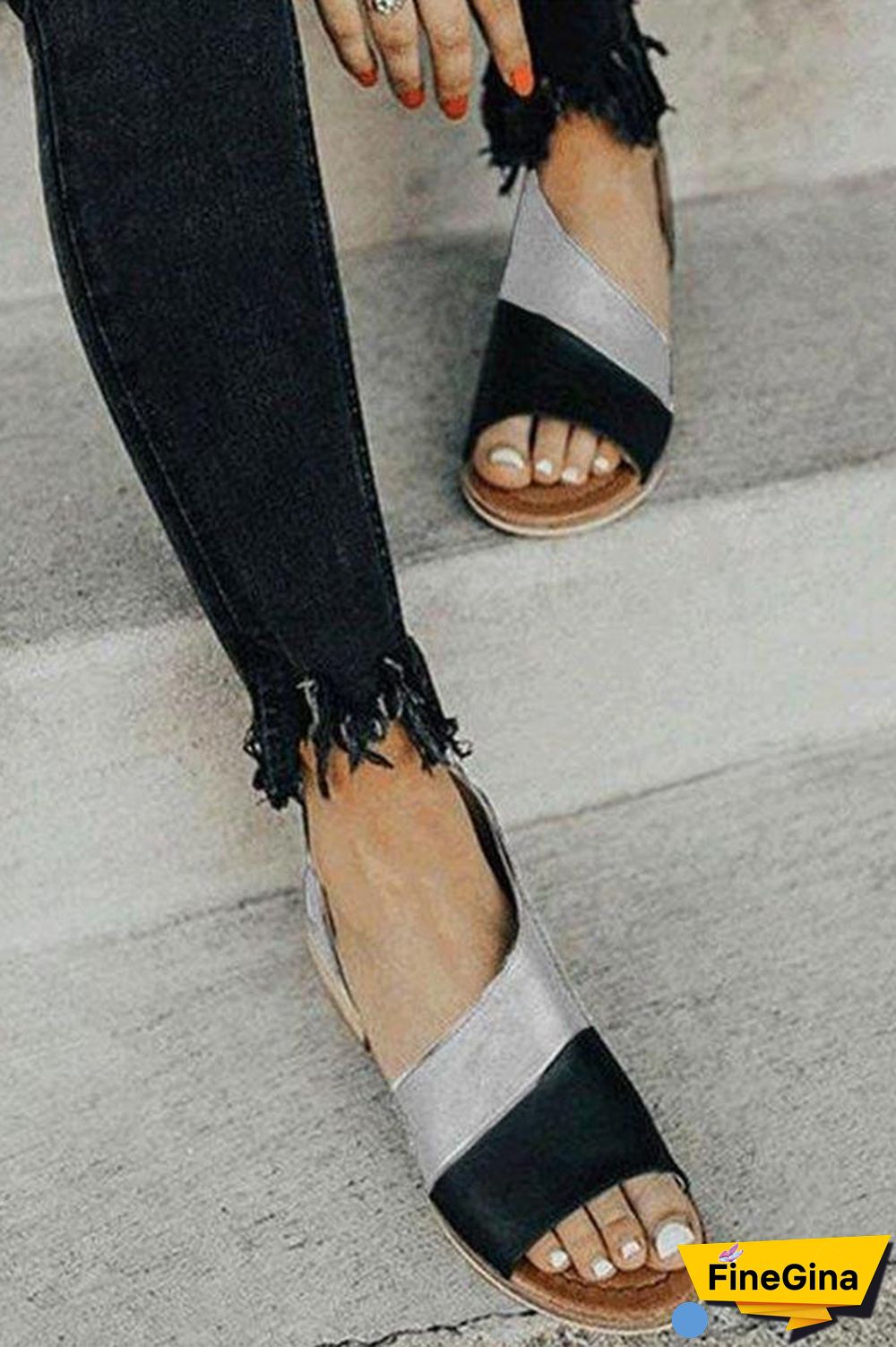 Peep Toe Stacked Flat Sandals