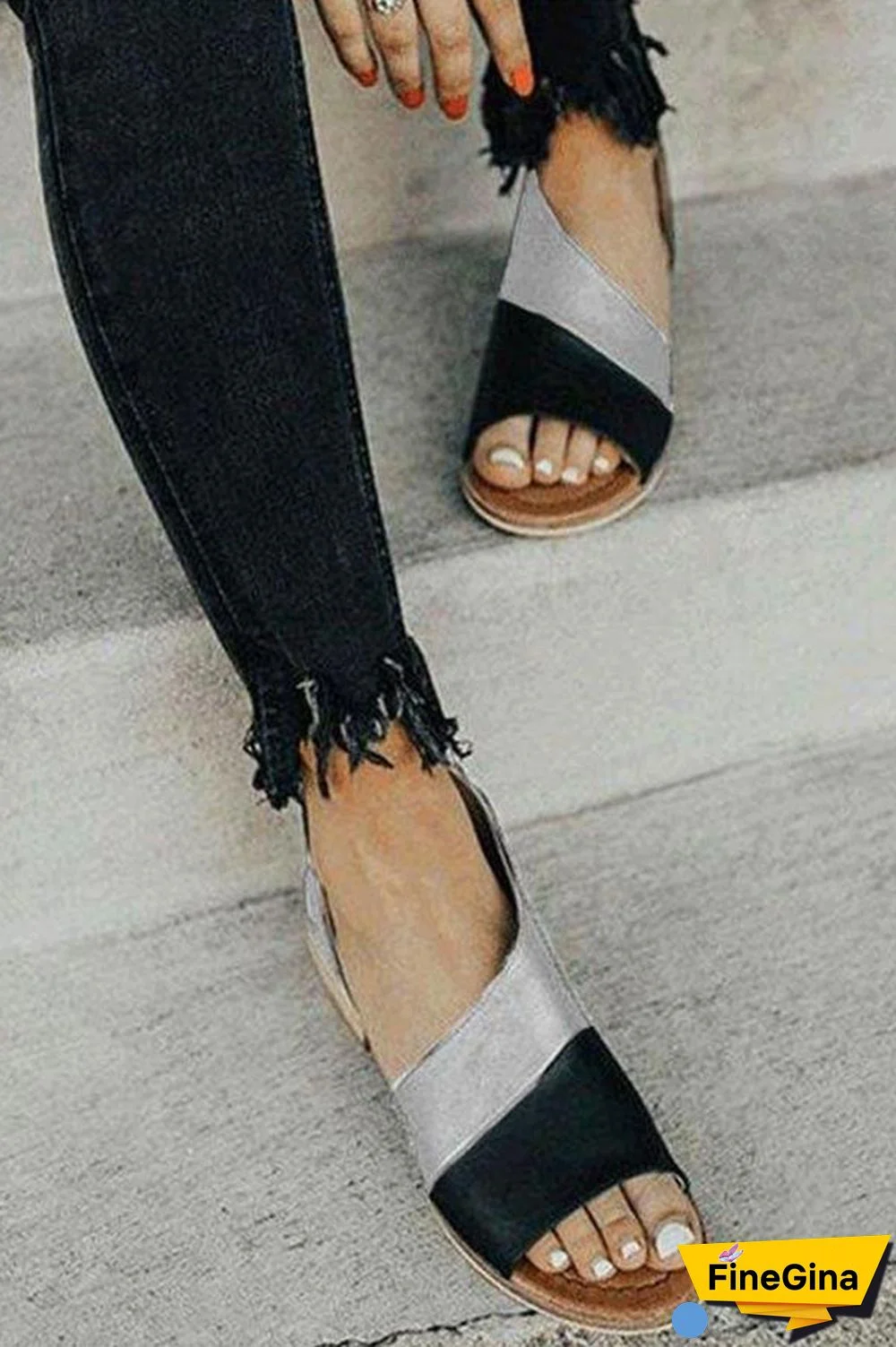 Peep Toe Stacked Flat Sandals