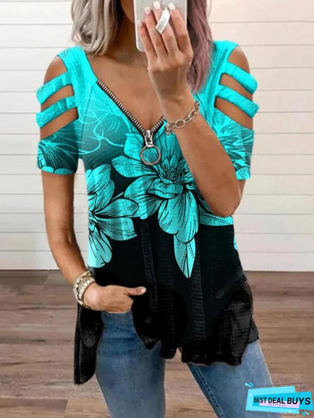 V-neck Zipper Pullover Printed Short Sleeve Loose T-shirt Women's Jacket