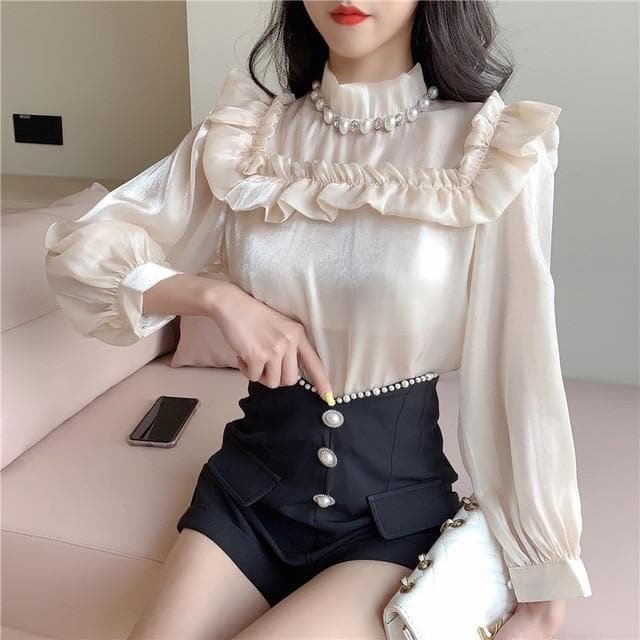 Elegant  Palace Style Turtleneck Ruffled Doll Shirt+High Waist Shorts Suits SS0931