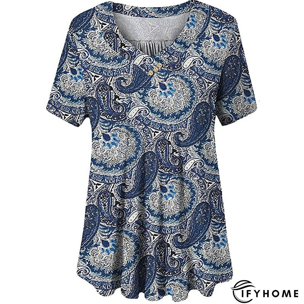 Women's Shirt Blouse Denim Blue Black White Leopard Floral Print Short Sleeve Casual Holiday Basic V Neck Regular Floral Plus Size M | IFYHOME