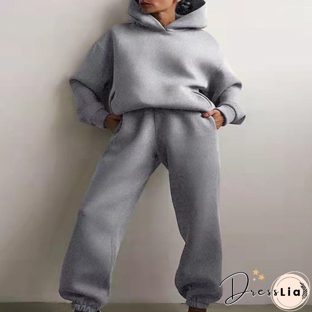 Women Hoodies Two Piece Set Long Sleeve Solid Casual Pocket Sweater Suit Spring Elastic Sport Pants Female Tracksuit