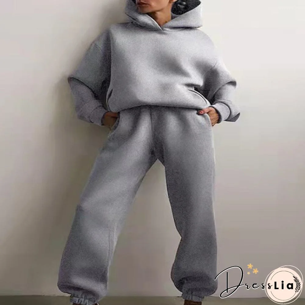 Women Hoodies Two Piece Set Long Sleeve Solid Casual Pocket Sweater Suit Spring Elastic Sport Pants Female Tracksuit