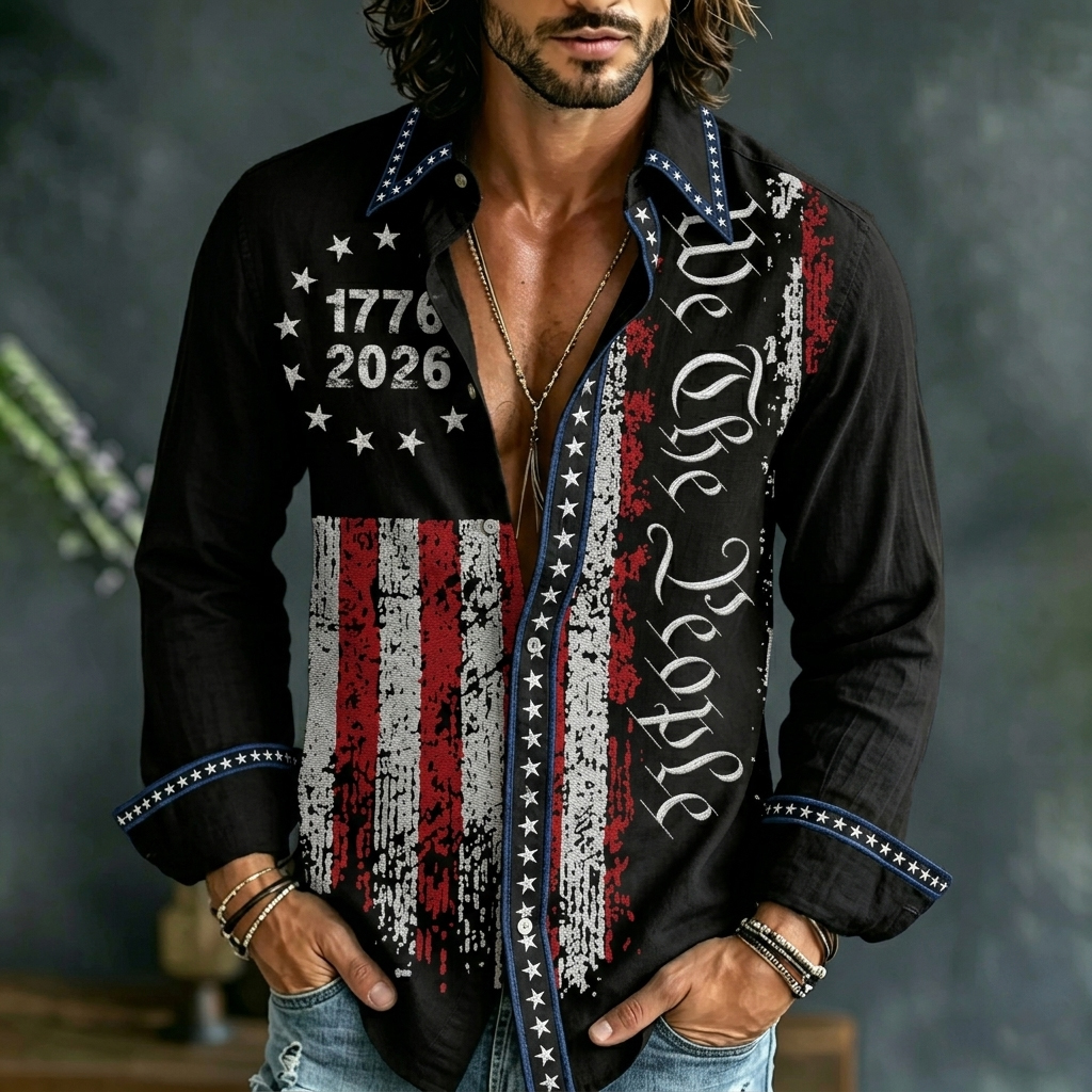  Men's Retro 1776-2026 Independence Day Flag Print Casual Linen Shirt Westsshops