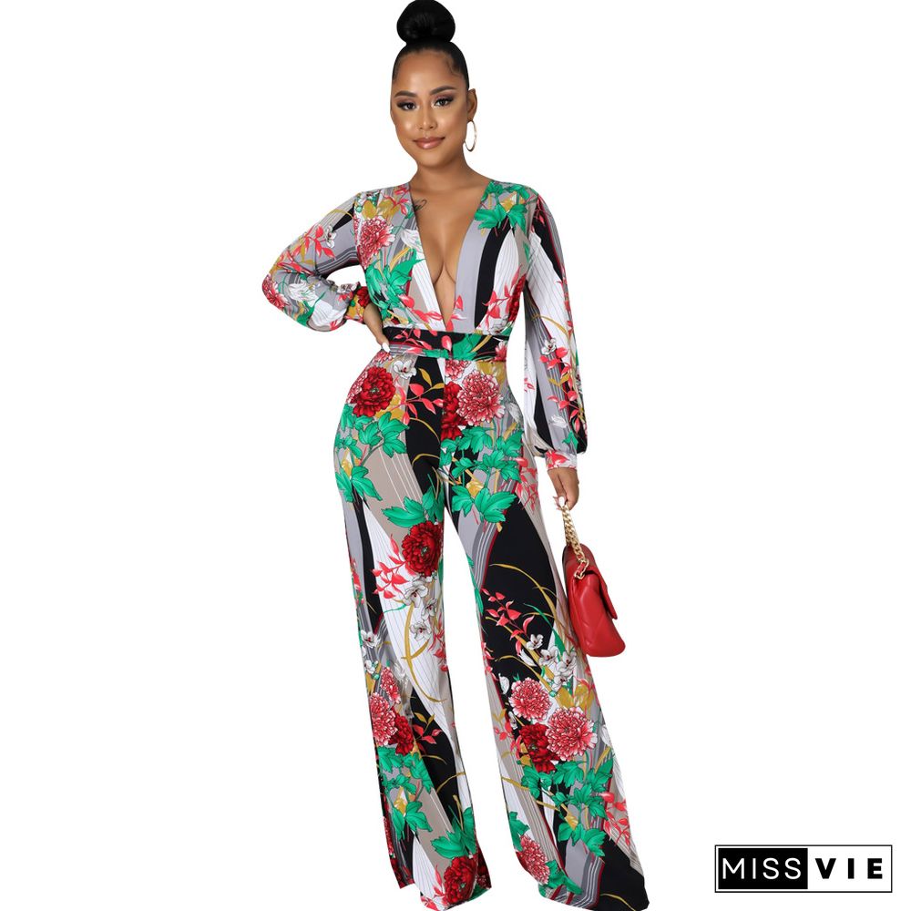 Digital Printed V-neck One Piece Jumpsuit
