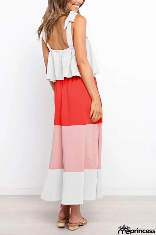 Color Block Bow Slip Maxi Dress