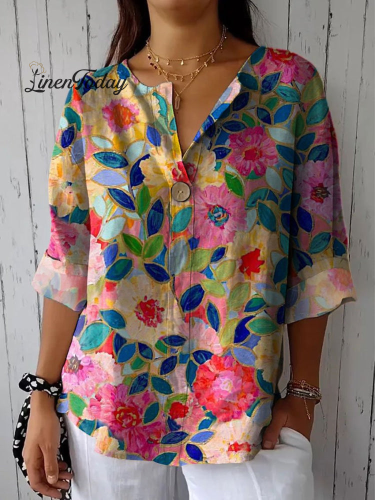 Women’s Flower Print Casual Cotton Linen Shirt Multicolor / S